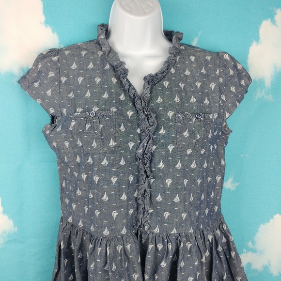 ⛵ ⛵ ⛵ Sail Boat Print Lands End Denim Dress Ruffle - Picture 2 of 8